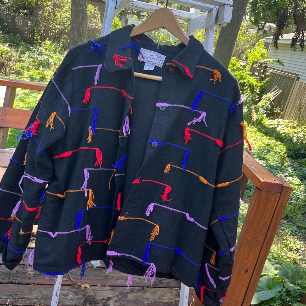 Women’s XL dark blue cotton jacket with bright yarn detail, texture